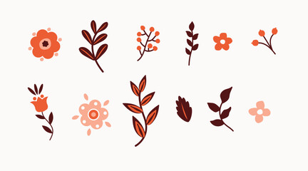 Folk Art Flowers and Leaves Collection. White background, isolate	