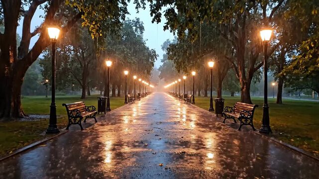 Park alley wet pavement reflection of light after rain