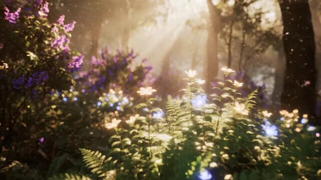Enchanting Forest Glade with Sunbeams and Wildflowers.
