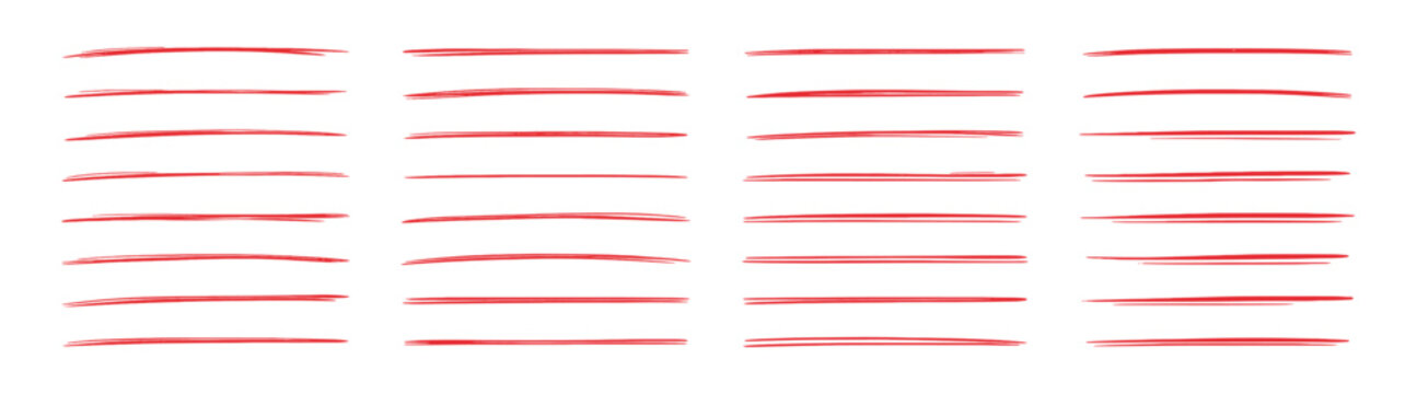 Set of hand drawn underline doodle lines, sketchy marker and brush strokes for text highlight and emphasis, simple vector graphic elements on transparent background