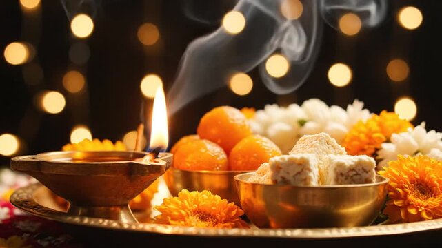 Warm Glow of Diya Flame and Rising Smoke Illuminates Festive Indian Sweets and Vibrant Flowers