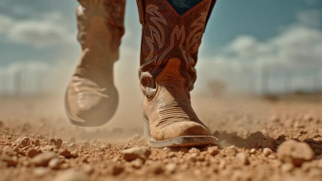 person walking in cowboy boots on a dusty trail outdoors