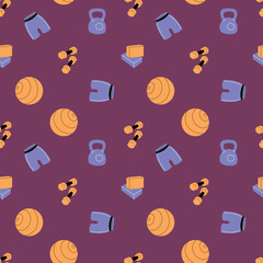 Hand-drawn seamless pattern with various sports equipment.  Healthy lifestyle