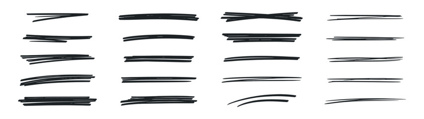 Hand drawn black underline and highlight strokes set, brush and marker doodle lines, abstract emphasis elements vector isolated on transparent background