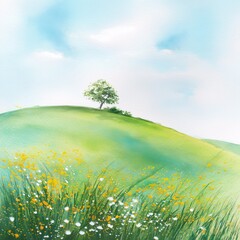 Watercolor Green Hillside with Wildflowers and Copy Space