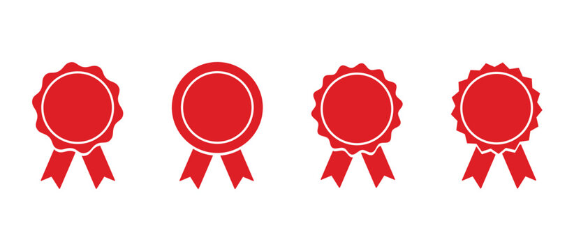 Red award ribbon badge icons. Circular rosette seals with ribbons. Flat minimal achievement symbols. Clean quality certification design. Winner label elements.