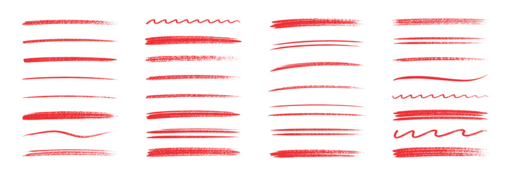 Hand drawn red underline lines set, brush and marker doodle strokes, scribble highlights and dividers, abstract vector elements on transparent background