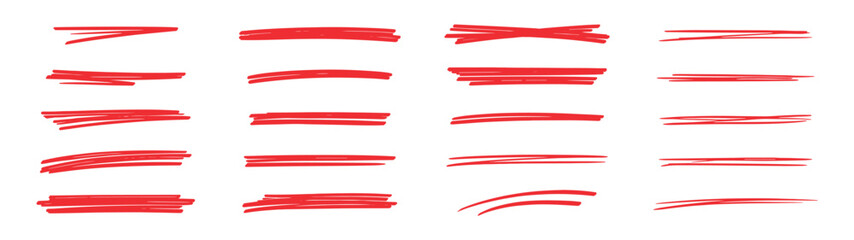 Hand drawn red underline and highlight strokes set, brush and marker doodle lines, abstract emphasis elements vector isolated on transparent background