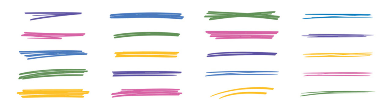 Colorful hand drawn underline strokes and highlight lines, marker and brush doodle vector elements collection isolated on transparent background
