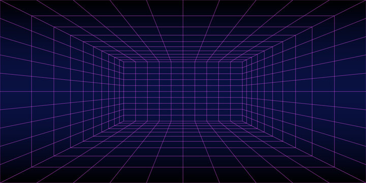Futuristic cyberpunk grid room vector background. Neon pink lines create a 3D perspective tunnel for tech designs.
