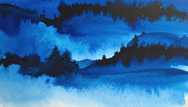 Deep blue watercolor landscape with silhouetted trees and hills
