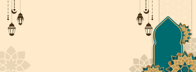 Elegant Islamic Lantern and Mosque Arch Background Ramadan Theme for Eid Banner and Greeting Design