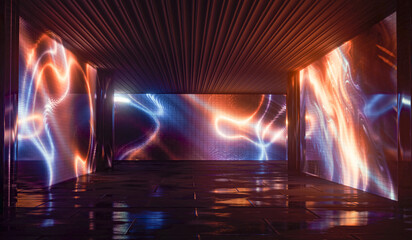 Studio space with a large display on the wall, neon lighting. 3D Illustration © Terablete