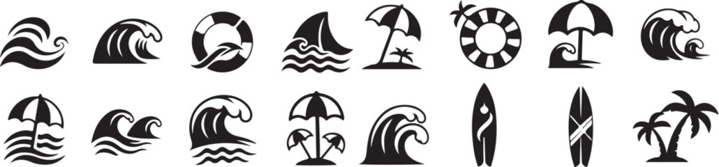 Fototapeta premium Summer Symbols wave, parasol, surfboard, summer, life ring, ocean wave, parasol, summer theme, beach, summer, including waves, a life ring, parasols, and surfboards.