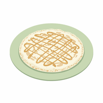 Illustration of a flat round kue leker with caramel drizzle on a pale green plate