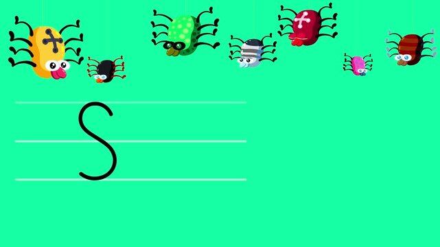 S letter writing like color spider cartoon animation. A compatibile part of the alphabet serie. Handwriting educational style for children. Good for education movies, presentation, learning alphabet.
