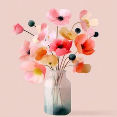 Colorful floral arrangement in glass vase home decor aesthetic light background beautiful still life