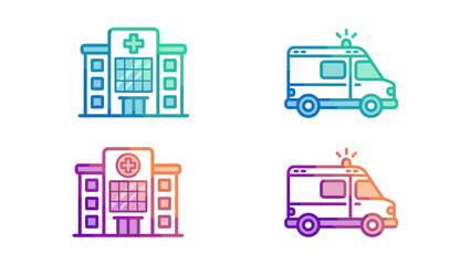 Hospital building and ambulance icon set. Medical healthcare emergency vector. Modern gradient line art. Clinic architecture and transport vehicle. Medicine concept illustration sign.