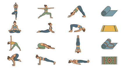 Naklejka premium Yoga poses and mats vector icon set. Woman practicing asanas. Meditation stretching exercises. Health wellness collection. Fitness balance relaxation. Workout equipment. Flat design.