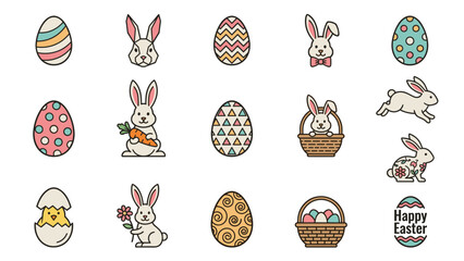 Easter vector icons set. Cute bunny rabbit, decorated eggs, chick, basket. Spring holiday symbols. Geometric line art. Flat design. Seasonal celebration. Festive graphic. Egg hunt.