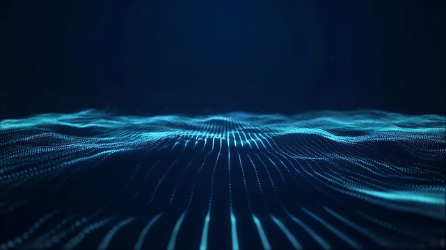 A captivating image shows a glowing digital landscape formed by an array of bright blue, interconnected lines and dots. It depicts a data-driven ocean with a deep dark background