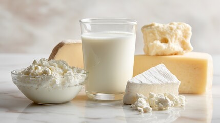 Fresh Dairy Delights: Milk, Cheese, and Creamy Treats on Marble Surface