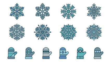 Fototapeta premium Set of blue winter icons featuring geometric snowflakes and patterned mittens. Christmas holiday decoration elements. Cold weather seasonal symbols. Flat vector design collection.