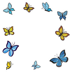 Fototapeta premium Set of stylized illustrations of butterflies in different shapes, colors on a white background. Clipart in cartoon style with blue, yellow shades. For design of postcards, children's projects, posters