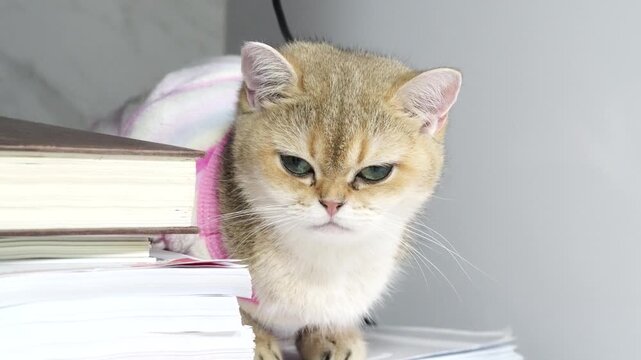 Cute domestic cat with fluffy fur and golden coat sits on stack of papers, wearing pink sweater, looking curiously at camera, capturing essence of adorable feline curiosity