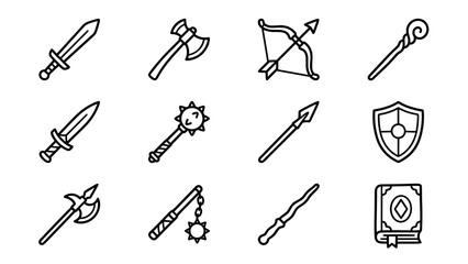 Fantasy RPG weapon line icons. Medieval game armory set. Sword axe bow shield staff mace. Minimalist vector outline. Role playing gear. Adventure equipment. Magic spellbook. War kit.