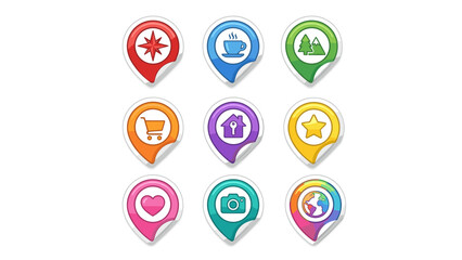 Fototapeta premium Vector sticker map pin icons. Set of 9 colorful location markers with peeled corners. Navigation symbols for cafe, home, shopping, nature, globe. 3D glossy GPS pointers. Web interface
