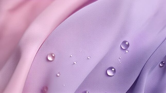 Draped fabric with soft pink and lilac hues, adorned with scattered water droplets, creates an elegant texture
