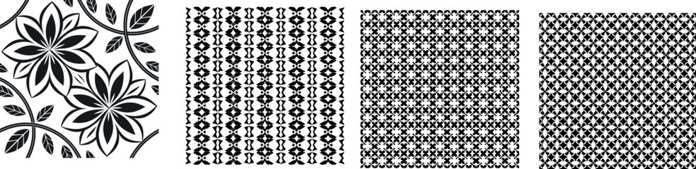 Set of black and white decorative patterns featuring floral motifs and geometric seamless textures for textile and background design.