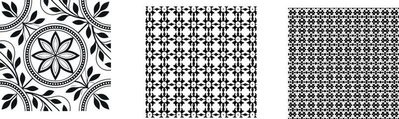 Set of black and white decorative patterns featuring floral motifs and geometric seamless textures for textile and background design.
