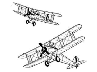 A black and white line drawing featuring two classic biplanes from different perspectives