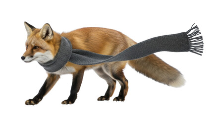 白い背景にグレーのマフラーを巻いたアカギツネの横向きショット