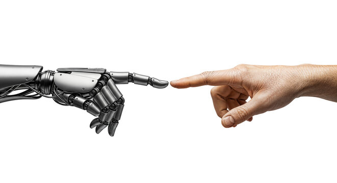 Human hand touching robot hand, futuristic connection, isolated on transparent background