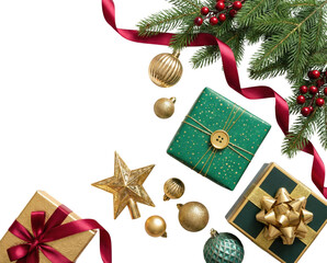 クリスマスプレゼントとオーナメントの白背景俯瞰ショット
