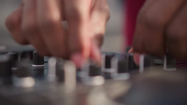black DJ fingers adjusting audio mixer, street performer practicing scratch techniques, club soundcheck by live producer, rehearsal sampling and looping, closeup precision on faders and knobs