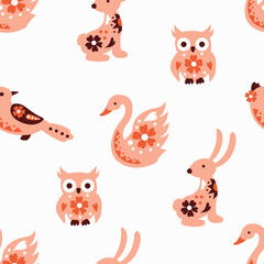 Seamless pattern with folk art elements featuring animals. Traditional Scandinavian motif