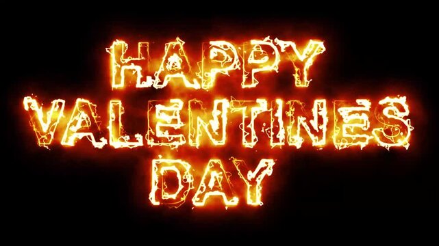 Happy Valentines Day text with fire sparks effect on plain black background
