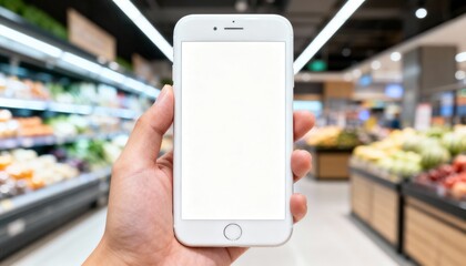 A person consults a mobile phone while surrounded by fresh produce in a supermarket. The individual is likely using the device to access a shopping list, view a recipe, or compare prices and options w