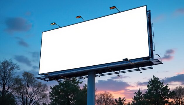 Against the canvas of a fading twilight sky, a substantial, vacant billboard rises imposingly. Towering over a line of silhouetted trees in the foreground, the expansive blank space patiently awaits t