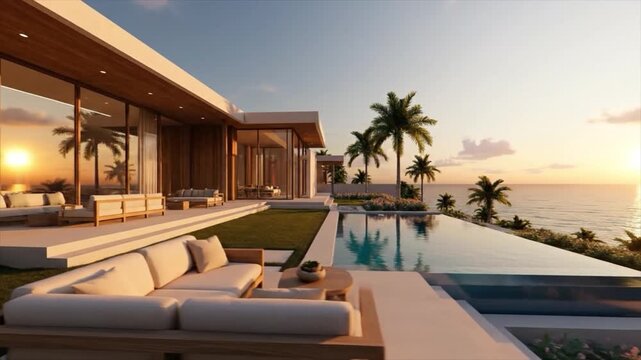 Luxury villa with modern architecture and swimming pool overlooking the ocean at sunset with palm trees