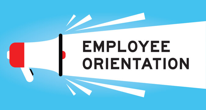 Color megaphone icon with word employee orientation in white banner on blue background