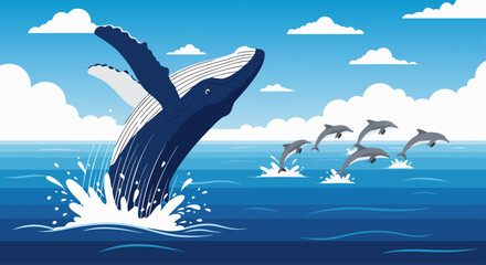 A majestic blue whale breaches the ocean surface, surrounded by a pod of playful dolphins leaping through the waves under a cloudy sky, capturing a serene and vibrant marine wildlife scene © Beny Qurdy