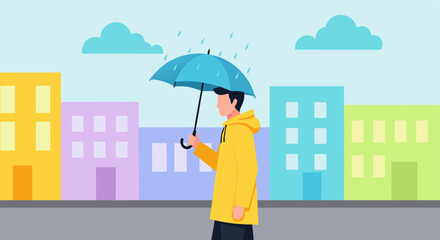 A person holding an umbrella in the rain in front of buildings, an illustration of a rainy day and cityscape © Beny Qurdy