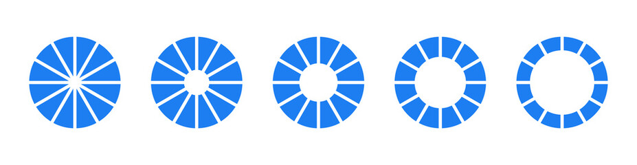 Wheels round divided, twelve sections. Diagrams infographics. Set of donut charts, pies segmented on 12 equal parts. Circle section graph. Pie chart simple blue icons. Geometric flat elements.