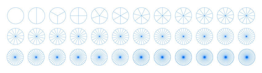 Segmented infographic charts set. Presentation template element from 1 to 36 segments. Many number of sectors divide the blue circle on equal parts. Pie, pizza charts. Diagram wheel parts.