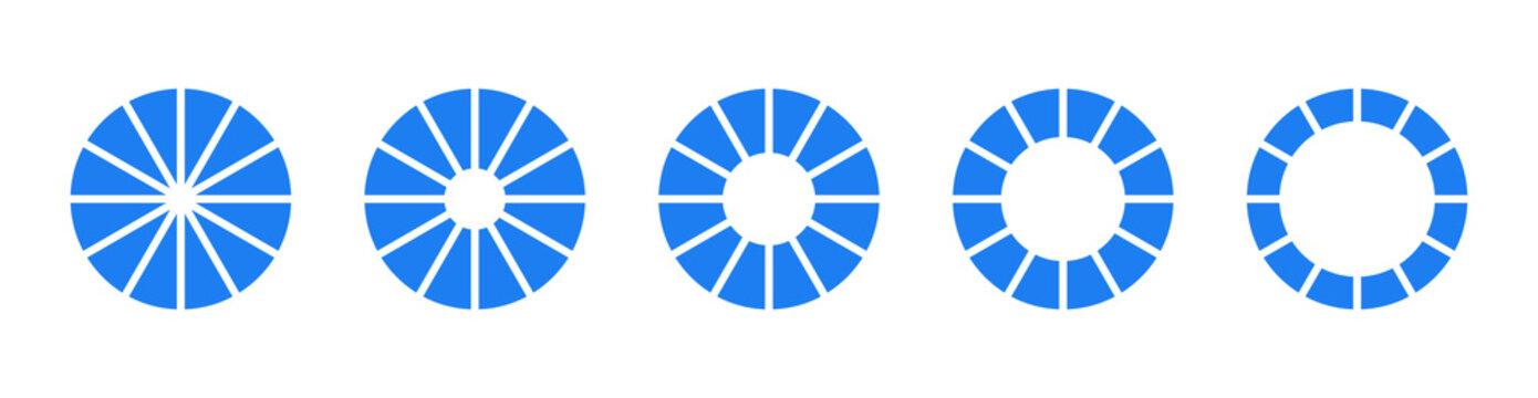 Wheels round divided, twelve sections. Diagrams infographics. Set of donut charts, pies segmented on 12 equal parts. Circle section graph. Pie chart simple blue icons. Geometric flat elements.